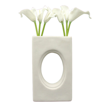 Damoo Minimalist Ceramic Flower Vase – Modern Rectangular Design with Artistic Open Center for Dried or Fresh Floral Arrangements - Damoo