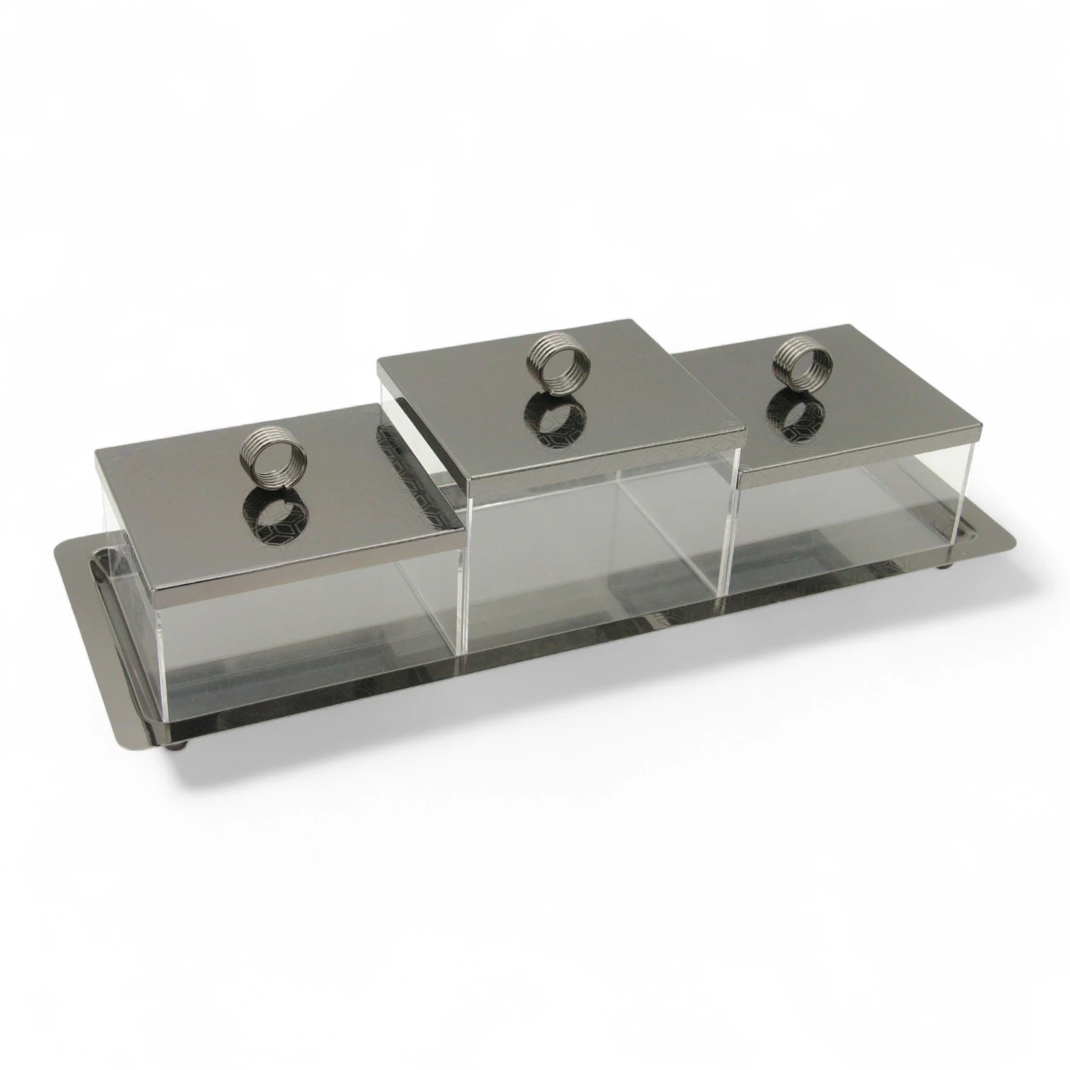 Damoo Modern Acrylic & Metal Serving Box Set – 3-Piece Date, Candy & Nut Containers with Silver Lids & Tray for Coffee Table or Hosting Display - Damoo