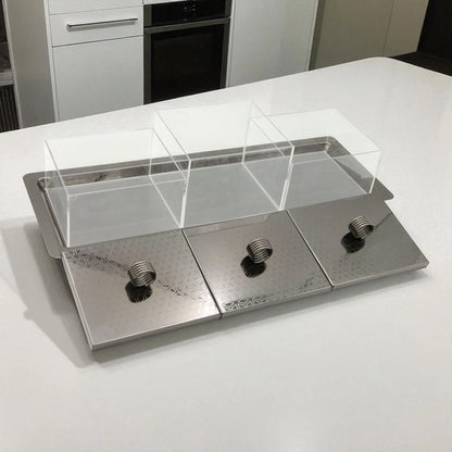 Damoo Modern Acrylic & Metal Serving Box Set – 3-Piece Date, Candy & Nut Containers with Silver Lids & Tray for Coffee Table or Hosting Display - Damoo
