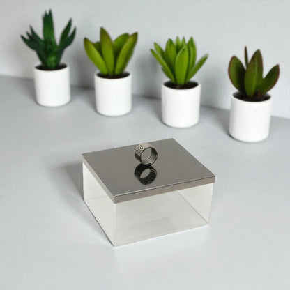 Damoo Modern Acrylic & Metal Serving Box Set – 3-Piece Date, Candy & Nut Containers with Silver Lids & Tray for Coffee Table or Hosting Display - Damoo