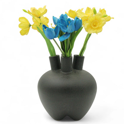 Damoo Modern Black Ceramic Triple-Neck Vase – Textured Matte Finish Decorative Flower Holder for Minimalist Home Décor & Stylish Gifting - Damoo