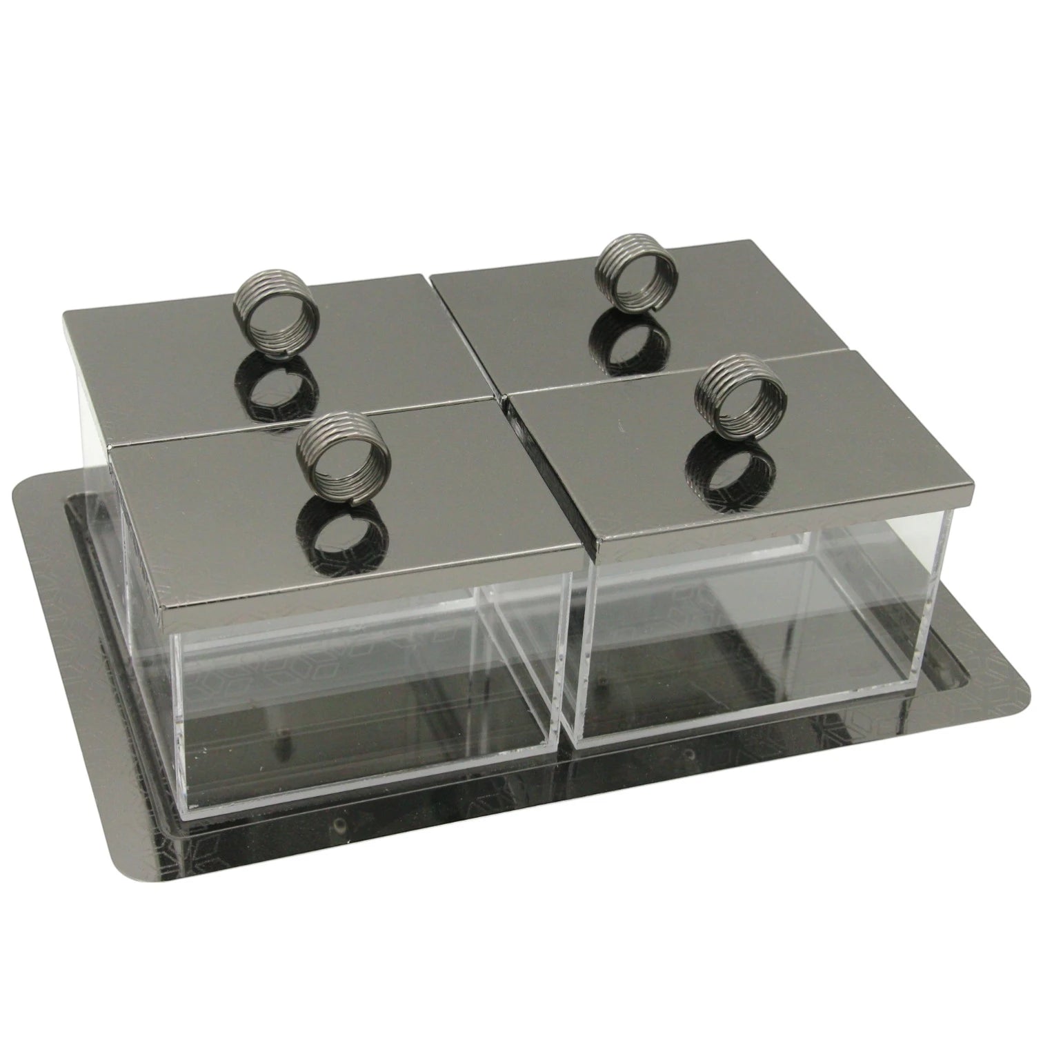 Damoo Modern Black  Metal & Acrylic Serving Tray – 4-Compartment Organizer with Lidded Containers for Dates, Snacks & Condiments – Elegant Display Box for Ramadan, Events & Home Décor - Damoo