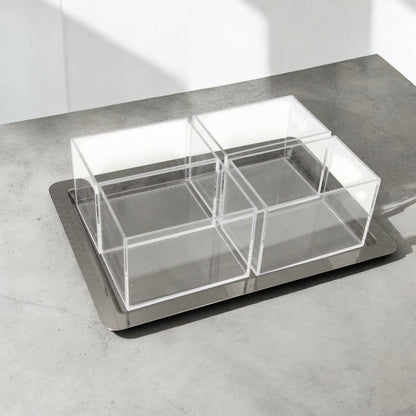 Damoo Modern Black  Metal & Acrylic Serving Tray – 4-Compartment Organizer with Lidded Containers for Dates, Snacks & Condiments – Elegant Display Box for Ramadan, Events & Home Décor - Damoo