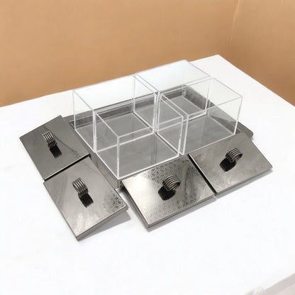 Damoo Modern Black  Metal & Acrylic Serving Tray – 4-Compartment Organizer with Lidded Containers for Dates, Snacks & Condiments – Elegant Display Box for Ramadan, Events & Home Décor - Damoo