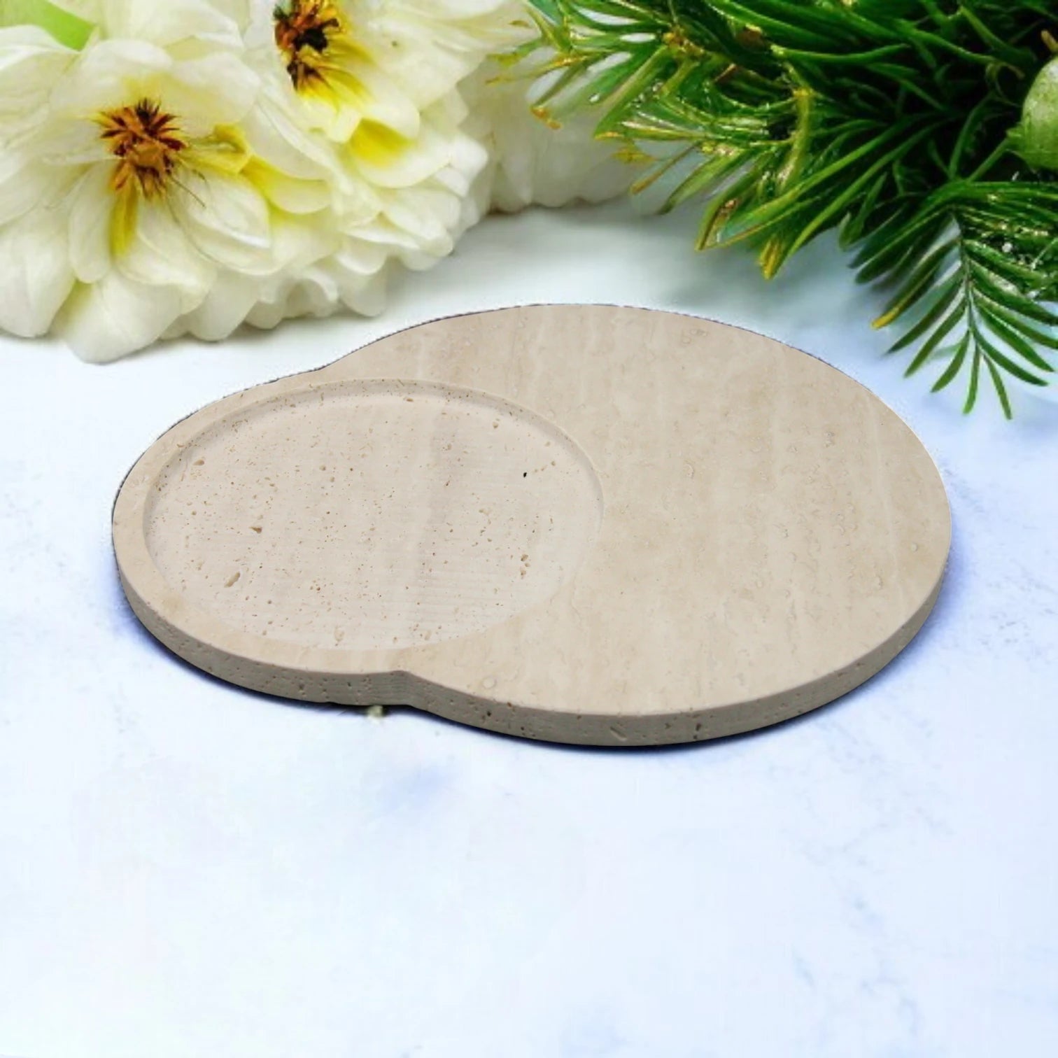 Damoo Modern CNC-Cut Travertine Stone Tray – Minimalist Round Decorative Catchall for Vanity, Desk, or Entryway - Damoo