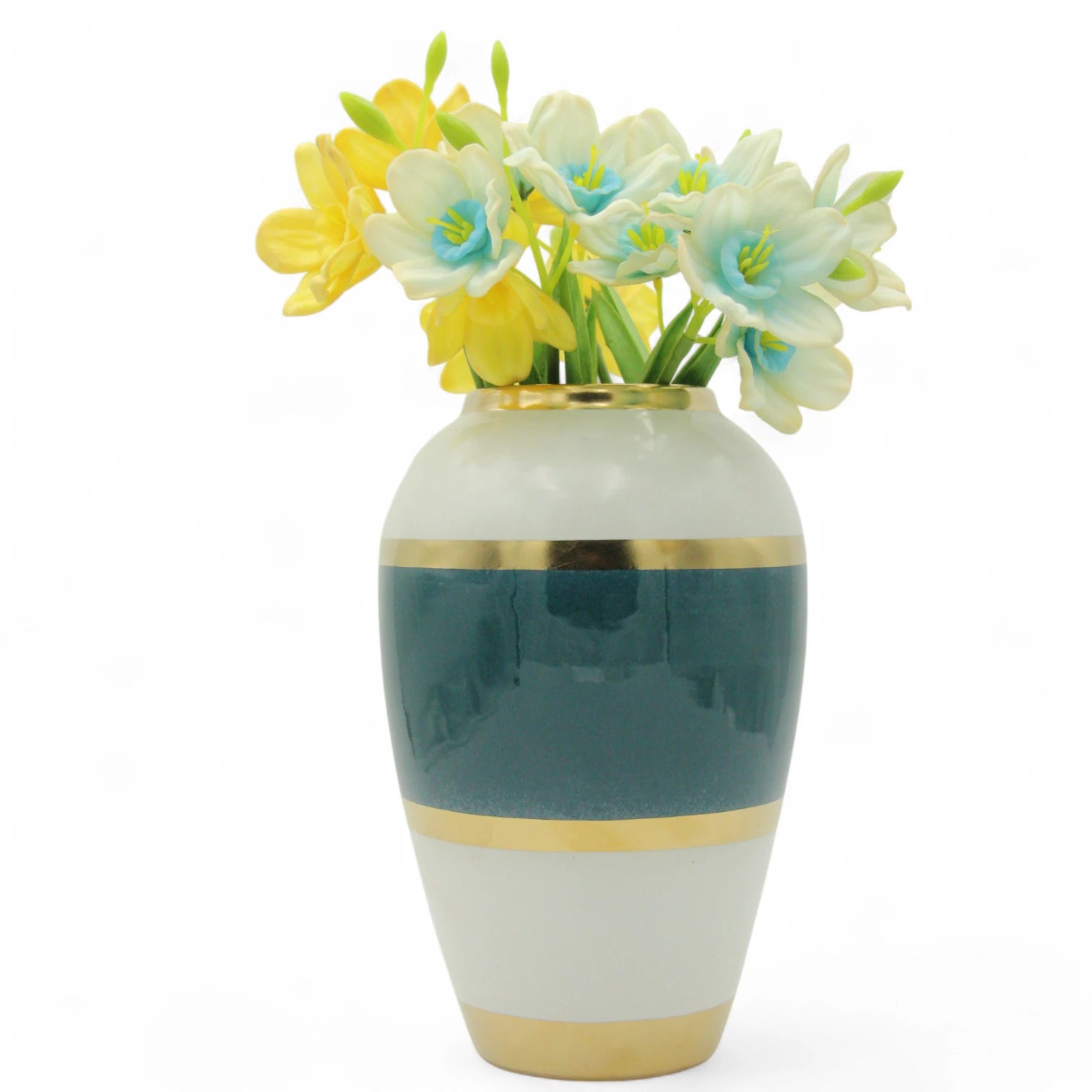 Damoo Modern Elegant Ceramic Flower Vase with Teal, White & Gold Bands – Handmade Decorative Pot for Living Room, Dining Table, Office or Gift - Damoo