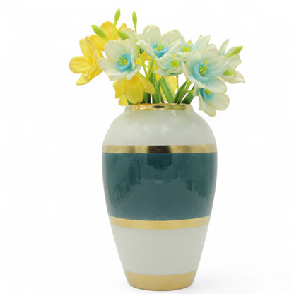 Damoo Modern Elegant Ceramic Flower Vase with Teal, White & Gold Bands – Handmade Decorative Pot for Living Room, Dining Table, Office or Gift - Damoo