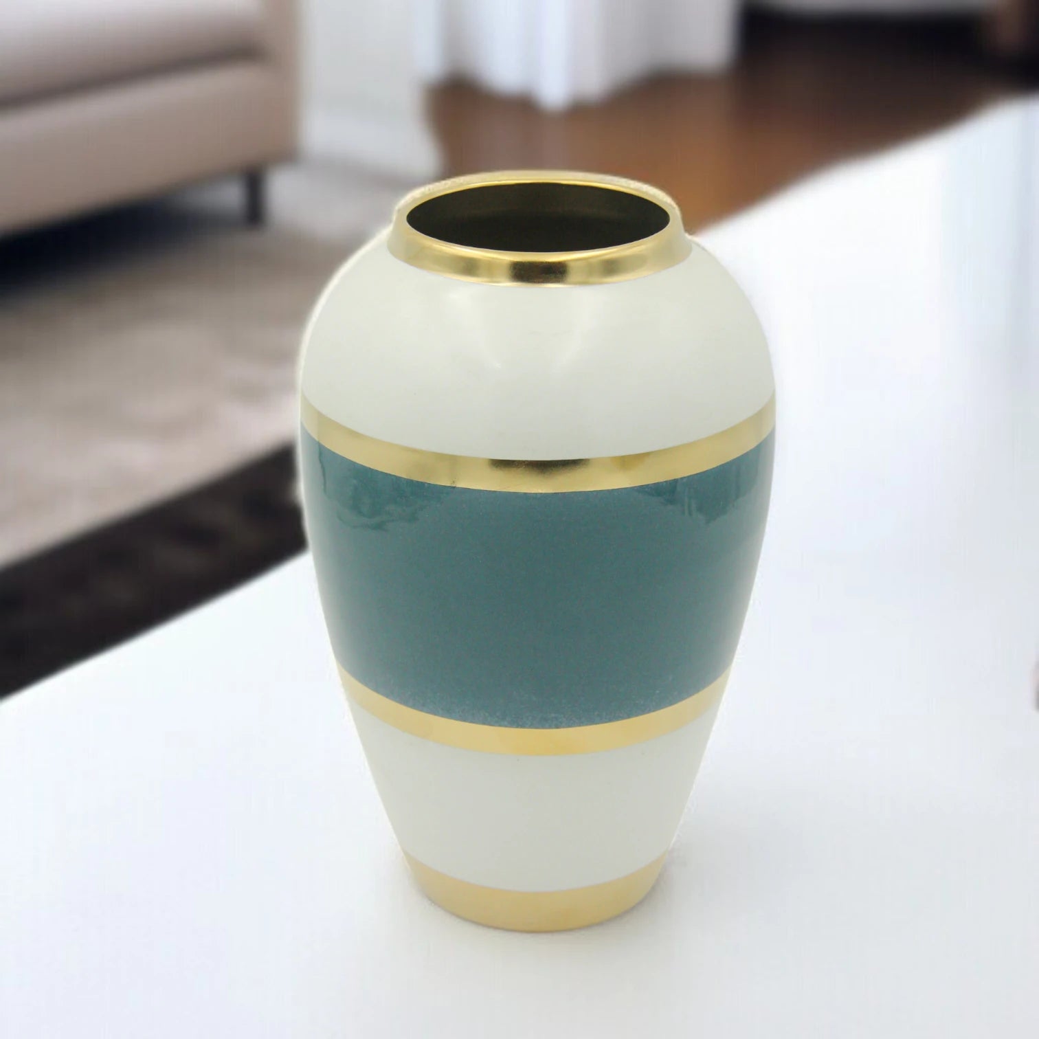 Damoo Modern Elegant Ceramic Flower Vase with Teal, White & Gold Bands – Handmade Decorative Pot for Living Room, Dining Table, Office or Gift - Damoo