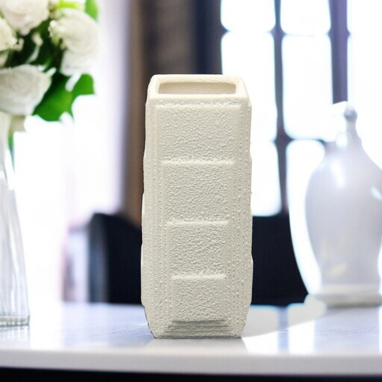 Damoo Modern Geometric Textured Ceramic Vase – Tall Rectangular Flower Vase for Home & Office Decor - Damoo