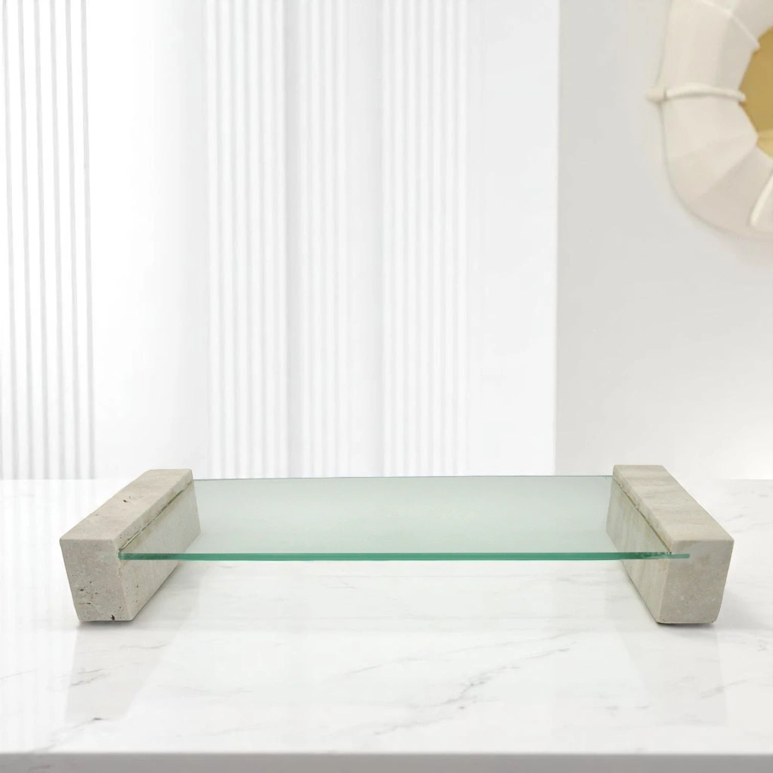 Damoo Modern Glass Shelf with Natural Stone Ends  | Minimalist Floating Display Rack for Home, Office, or Bathroom  – Elegant Tempered Glass & Travertine Accent Shelf for Décor, Books, and More - Damoo