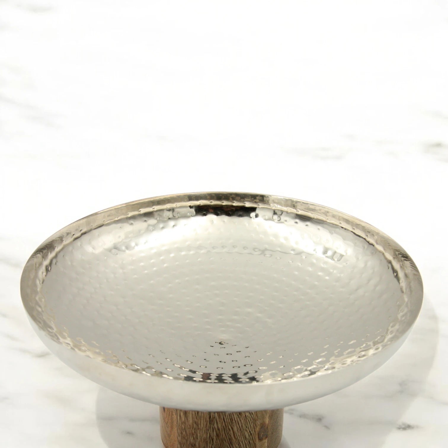 Damoo Modern Hammered Metal Serving Bowl with Natural Wood Base – Decorative Centerpiece Bowl for Dining & Living Rooms - Damoo