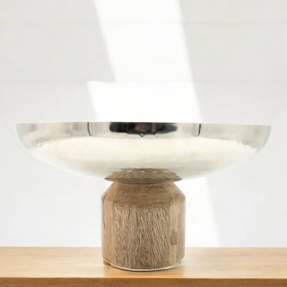 Damoo Modern Hammered Metal Serving Bowl with Natural Wood Base – Decorative Centerpiece Bowl for Dining & Living Rooms - Damoo