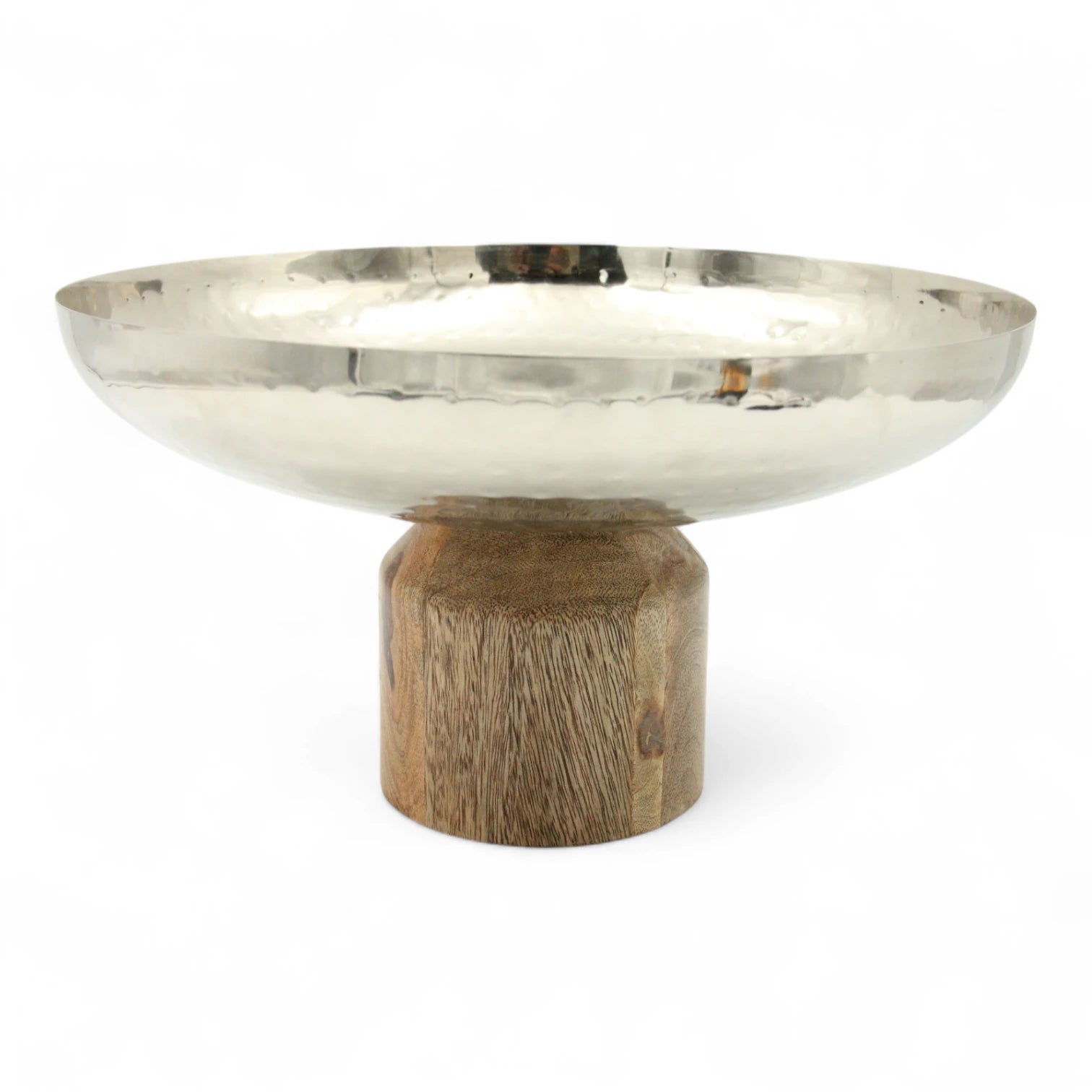Damoo Modern Hammered Metal Serving Bowl with Natural Wood Base – Decorative Centerpiece Bowl for Dining & Living Rooms - Damoo