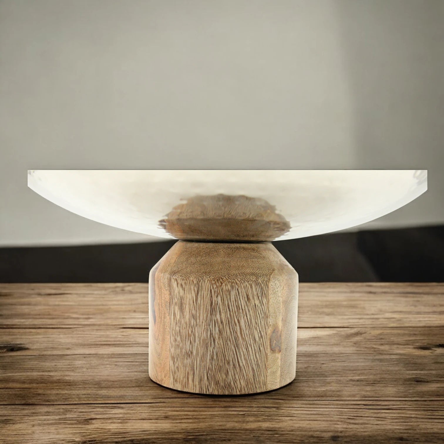 Damoo Modern Hammered Metal Serving Bowl with Natural Wood Base – Decorative Centerpiece Bowl for Dining & Living Rooms - Damoo