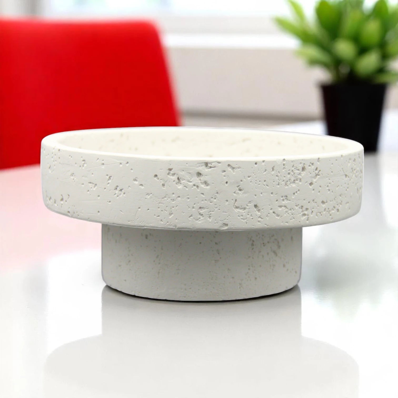 Damoo Modern Minimalist Low-Profile Stone Bowl – Wide Textured Pedestal Dish in White Concrete-Look for Home Decor, Entryway Tray, or Shelf Accent - Damoo