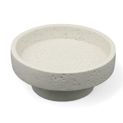 Damoo Modern Minimalist Low-Profile Stone Bowl – Wide Textured Pedestal Dish in White Concrete-Look for Home Decor, Entryway Tray, or Shelf Accent - Damoo