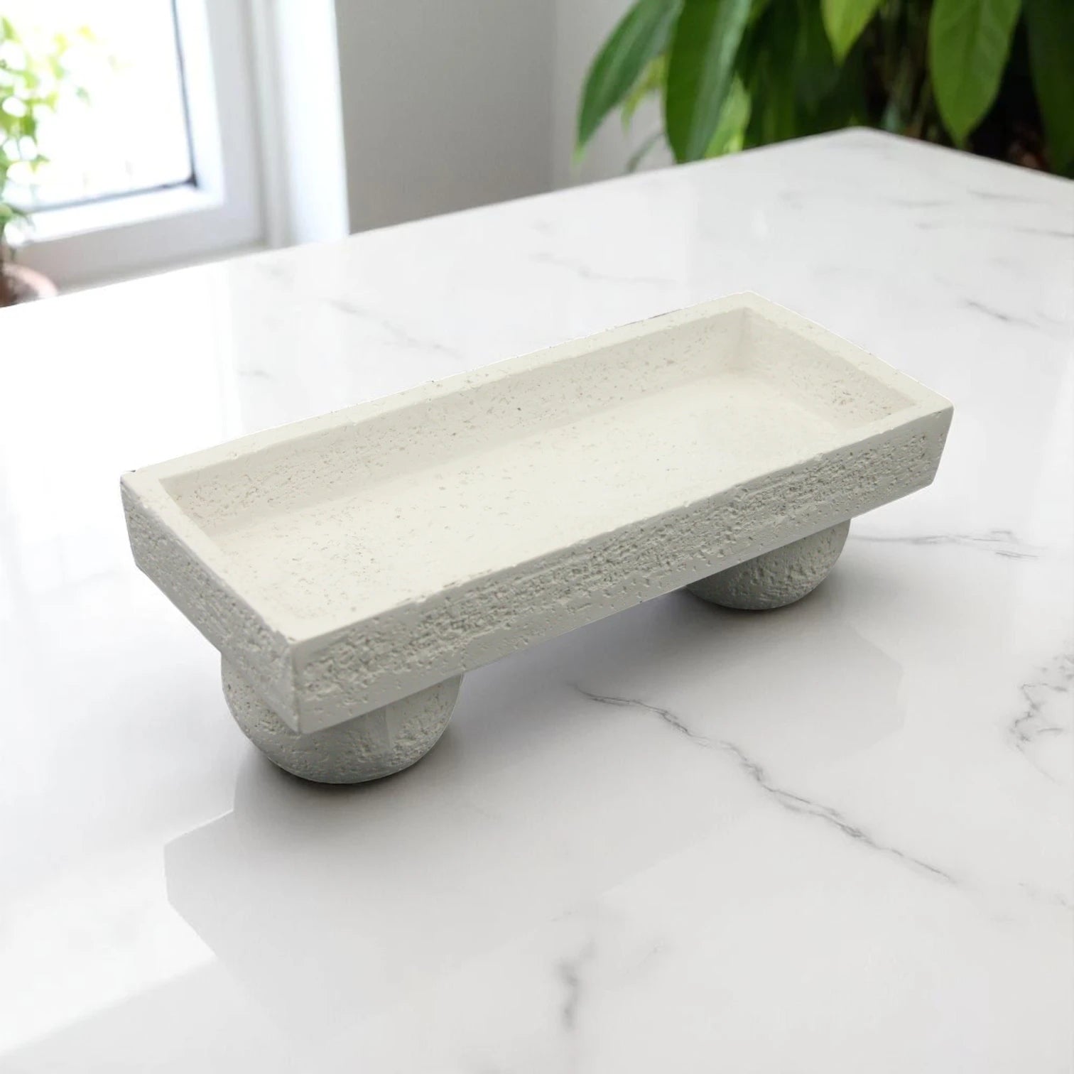 Damoo Modern Minimalist Textured Stone Pedestal Dish – Handcrafted White Concrete-Look Decorative Bowl - Multi-Purpose Elegance for Food or Display - Damoo