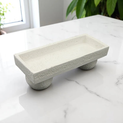 Damoo Modern Minimalist Textured Stone Pedestal Dish – Handcrafted White Concrete-Look Decorative Bowl - Multi-Purpose Elegance for Food or Display - Damoo