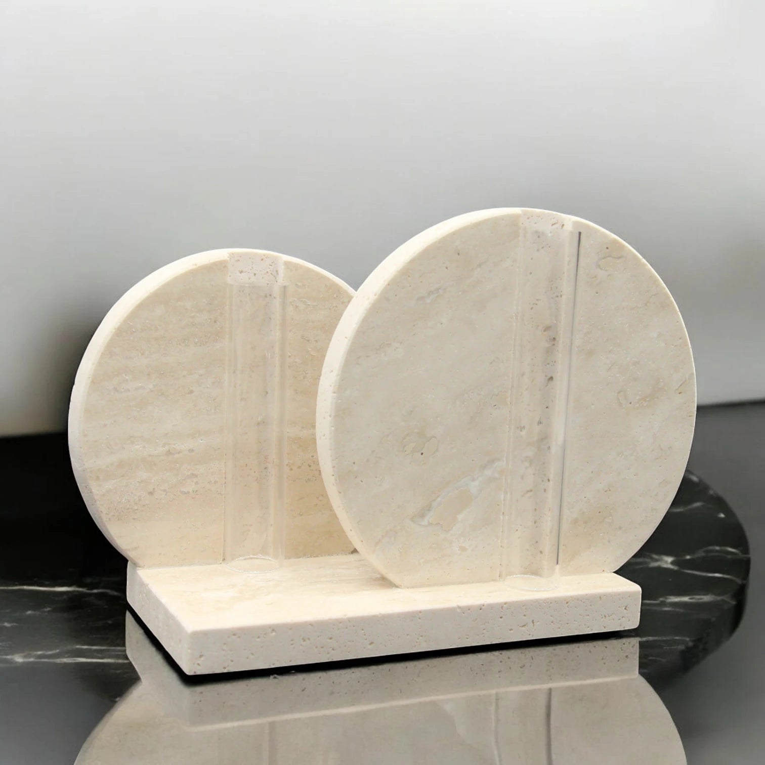 Damoo Modern Minimalist Travertine Stone Flower Vase Duo – Twin Round Circle Vases with Glass Tubes for Elegant Tabletop or Shelf Decor - Damoo