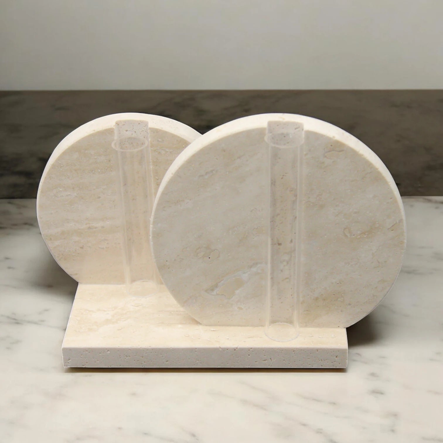 Damoo Modern Minimalist Travertine Stone Flower Vase Duo – Twin Round Circle Vases with Glass Tubes for Elegant Tabletop or Shelf Decor - Damoo
