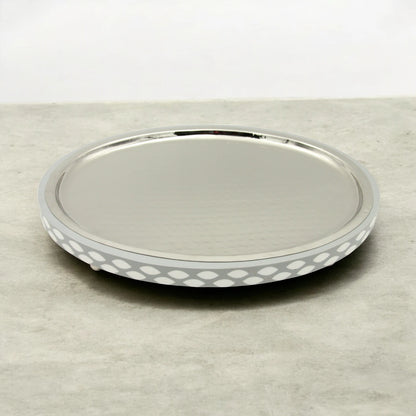 Damoo Modern Oval Serving Tray – Silver Hammered Metal with Gray & White Inlay Border – Elegant Display Tray with Raised Feet for Coffee, Sweets, or Decor - Damoo