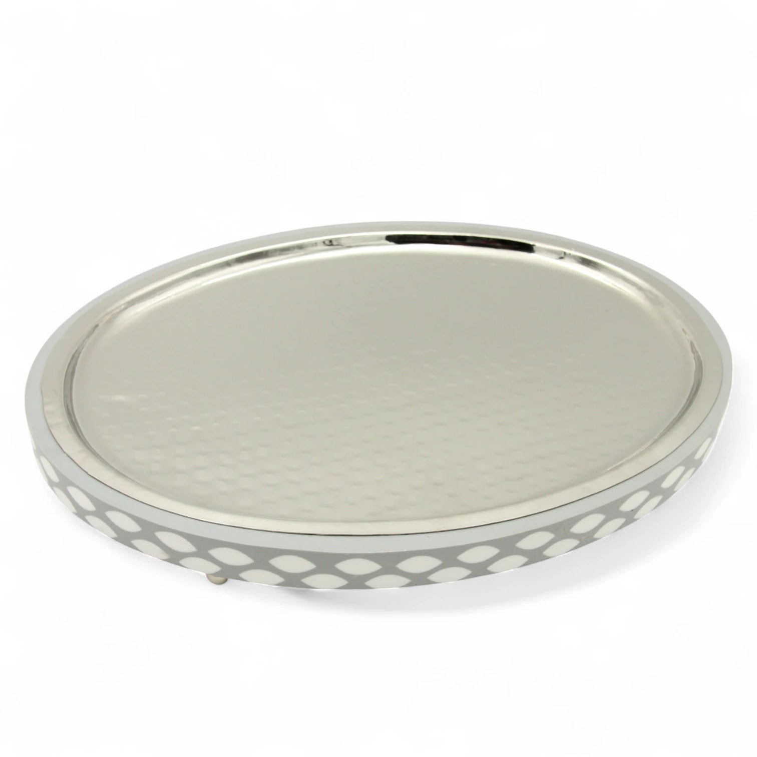 Damoo Modern Oval Serving Tray – Silver Hammered Metal with Gray & White Inlay Border – Elegant Display Tray with Raised Feet for Coffee, Sweets, or Decor - Damoo