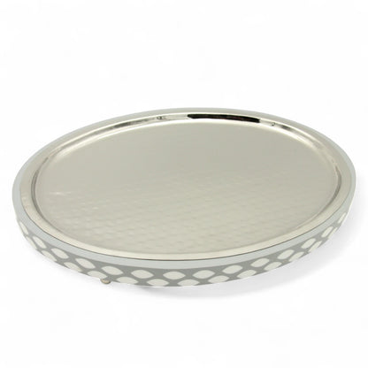 Damoo Modern Oval Serving Tray – Silver Hammered Metal with Gray & White Inlay Border – Elegant Display Tray with Raised Feet for Coffee, Sweets, or Decor - Damoo