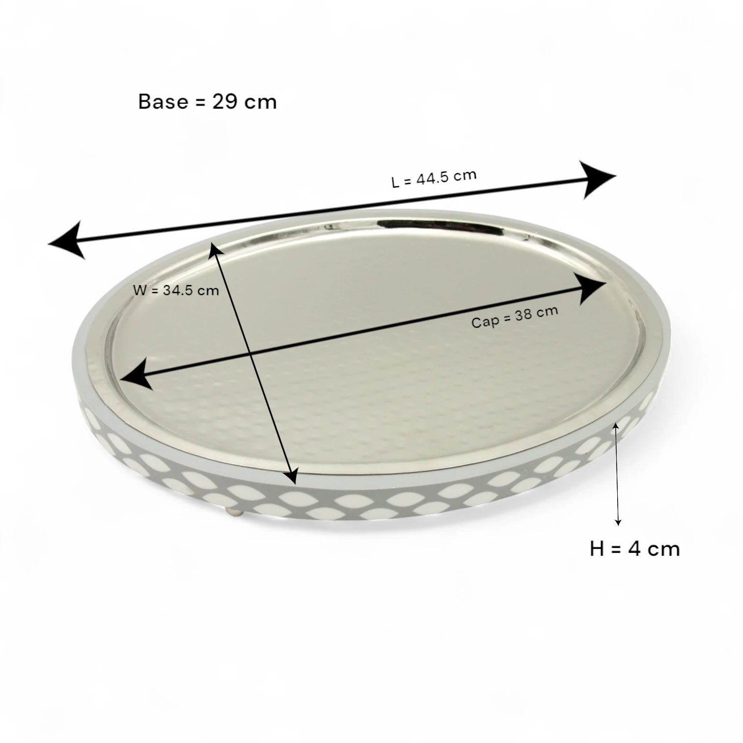 Damoo Modern Oval Serving Tray – Silver Hammered Metal with Gray & White Inlay Border – Elegant Display Tray with Raised Feet for Coffee, Sweets, or Decor - Damoo