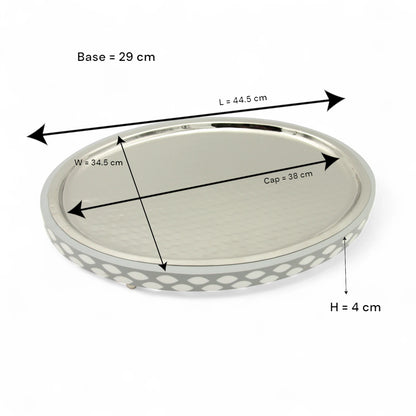 Damoo Modern Oval Serving Tray – Silver Hammered Metal with Gray & White Inlay Border – Elegant Display Tray with Raised Feet for Coffee, Sweets, or Decor - Damoo