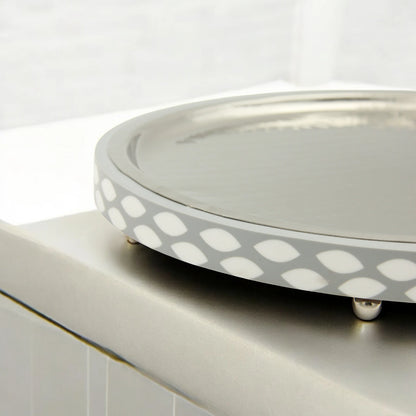 Damoo Modern Oval Serving Tray – Silver Hammered Metal with Gray & White Inlay Border – Elegant Display Tray with Raised Feet for Coffee, Sweets, or Decor - Damoo