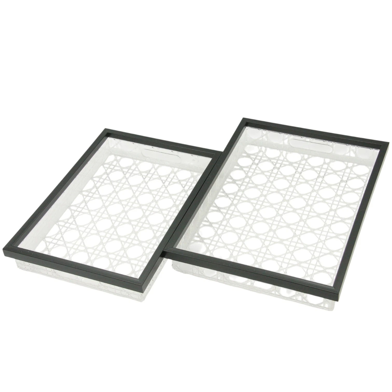 Damoo Modern Rectangular Acrylic Tray Set – 2-Piece Serving Trays with Black Frame & Rattan-Style Pattern – Elegant Home Décor & Organizer Trays for Coffee Table, Kitchen, Vanity & More - Damoo
