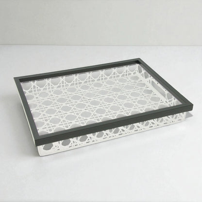 Damoo Modern Rectangular Acrylic Tray Set – 2-Piece Serving Trays with Black Frame & Rattan-Style Pattern – Elegant Home Décor & Organizer Trays for Coffee Table, Kitchen, Vanity & More - Damoo