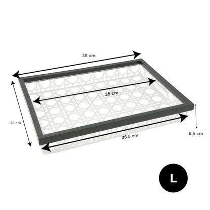 Damoo Modern Rectangular Acrylic Tray Set – 2-Piece Serving Trays with Black Frame & Rattan-Style Pattern – Elegant Home Décor & Organizer Trays for Coffee Table, Kitchen, Vanity & More - Damoo