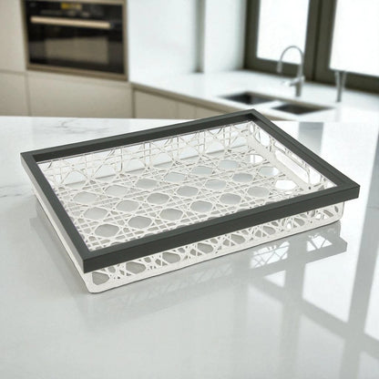 Damoo Modern Rectangular Acrylic Tray Set – 2-Piece Serving Trays with Black Frame & Rattan-Style Pattern – Elegant Home Décor & Organizer Trays for Coffee Table, Kitchen, Vanity & More - Damoo