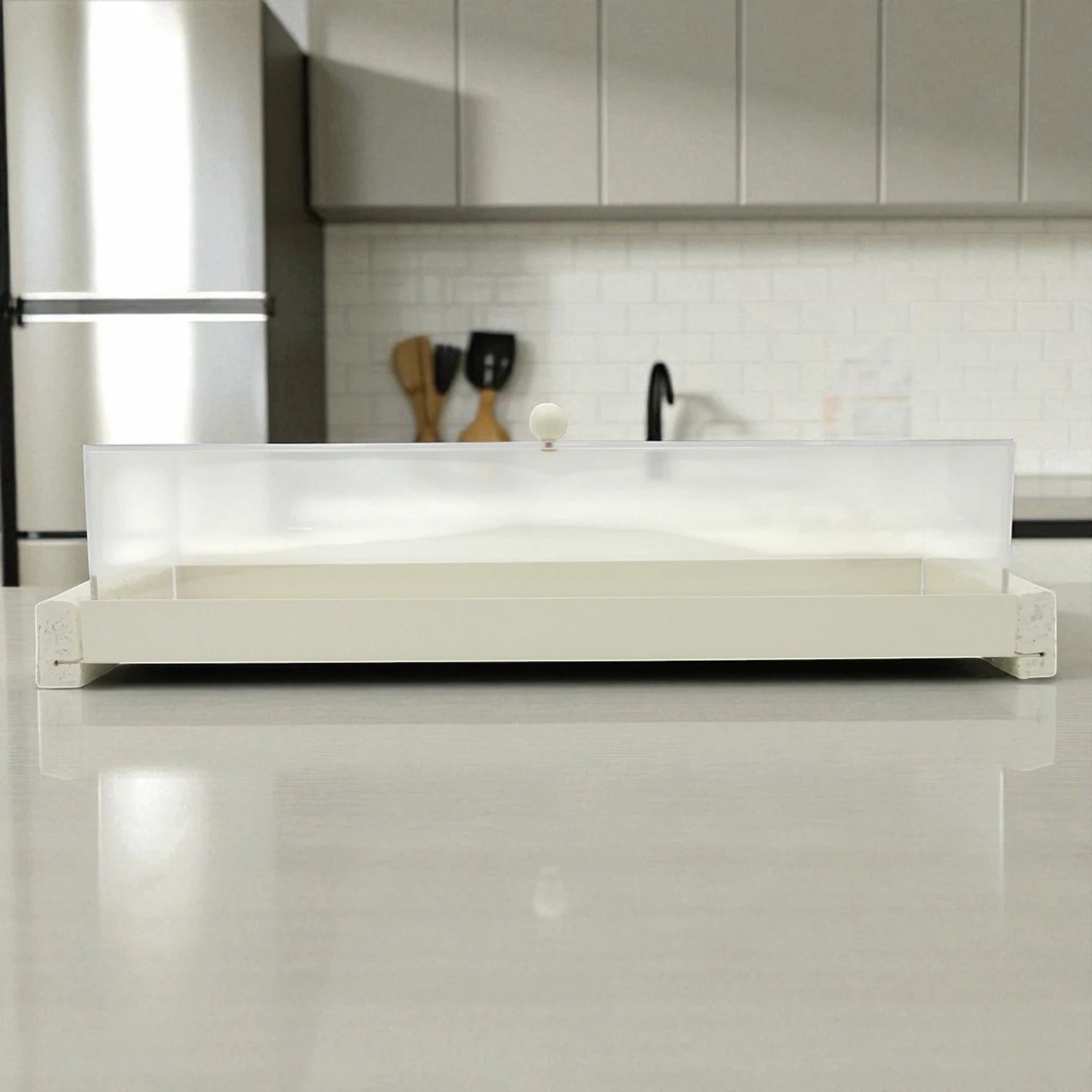 Damoo Modern Rectangular Display Tray with Clear Acrylic Lid – Elegant Minimalist Serving Stand with White Base and Terrazzo Ends - Damoo
