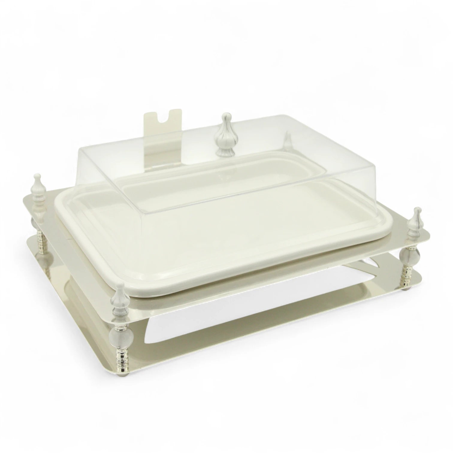Damoo Modern Rectangular Sweet Tray with Lid – Silver Decorative Base & Clear Cover for Serving Sweets, Dates, Pastries & Desserts - Damoo