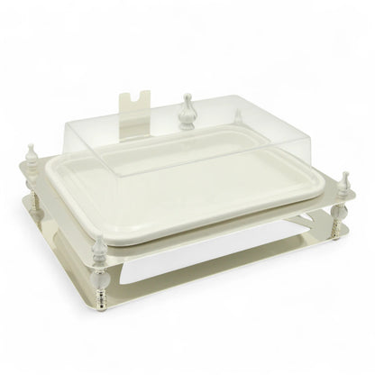 Damoo Modern Rectangular Sweet Tray with Lid – Silver Decorative Base & Clear Cover for Serving Sweets, Dates, Pastries & Desserts - Damoo