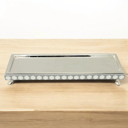Damoo Modern Rectangular Wooden Tray with Silver Finish & Hexagon Inlay – Decorative Serving Display Tray on Feet - Damoo