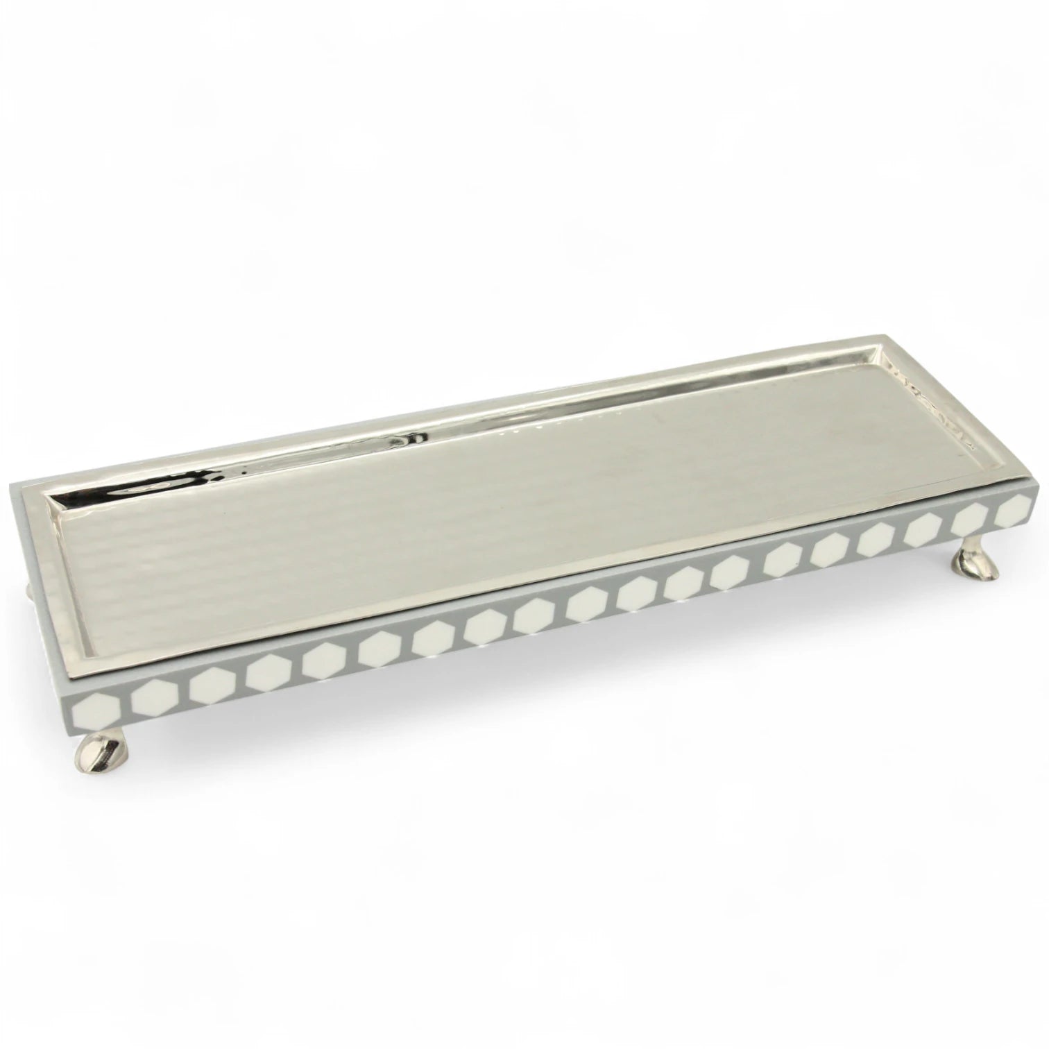 Damoo Modern Rectangular Wooden Tray with Silver Finish & Hexagon Inlay – Decorative Serving Display Tray on Feet - Damoo