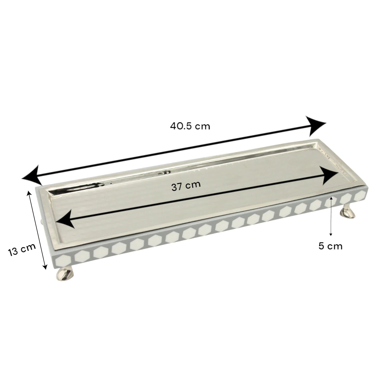 Damoo Modern Rectangular Wooden Tray with Silver Finish & Hexagon Inlay – Decorative Serving Display Tray on Feet - Damoo