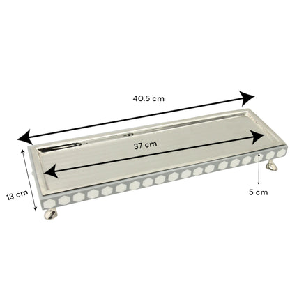 Damoo Modern Rectangular Wooden Tray with Silver Finish & Hexagon Inlay – Decorative Serving Display Tray on Feet - Damoo
