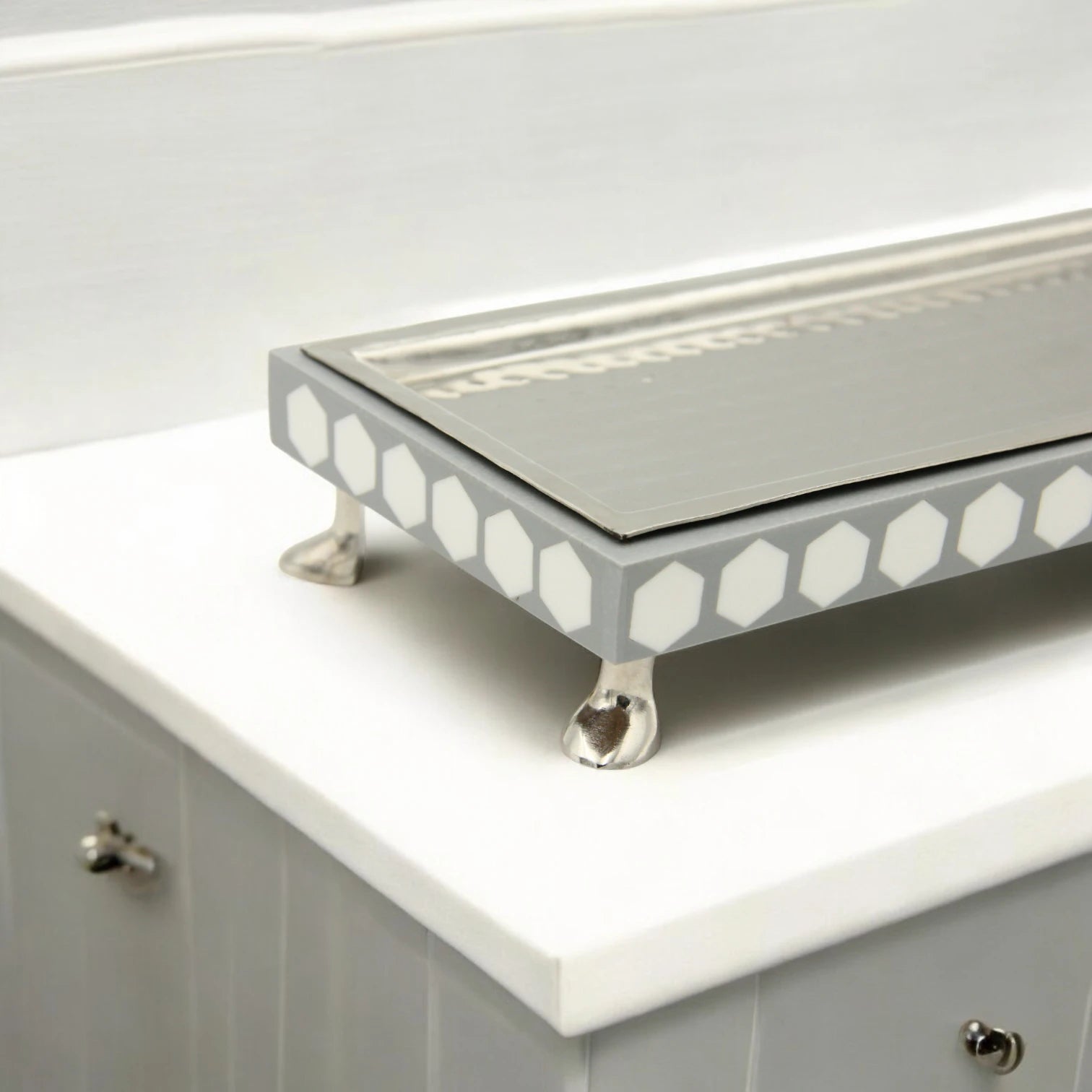 Damoo Modern Rectangular Wooden Tray with Silver Finish & Hexagon Inlay – Decorative Serving Display Tray on Feet - Damoo