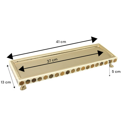Damoo Modern Rectangular Wooden Tray with Silver Finish & Hexagon Inlay – Decorative Serving Display Tray on Feet - Damoo
