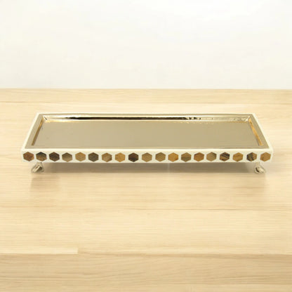 Damoo Modern Rectangular Wooden Tray with Silver Finish & Hexagon Inlay – Decorative Serving Display Tray on Feet - Damoo