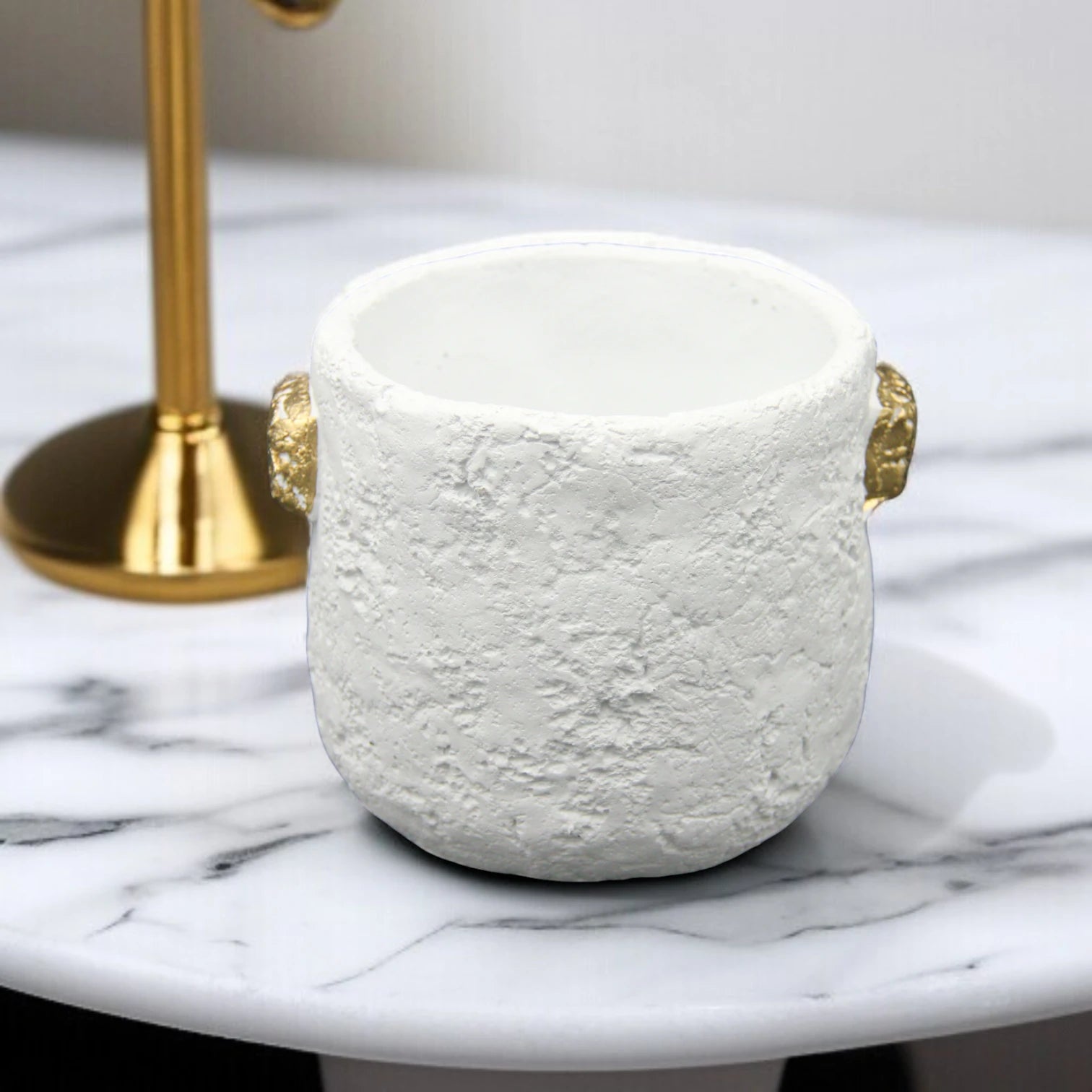 Damoo Modern Rustic White Textured Flower Vase with Gold Handles – Stylish Home Decor Planter Pot - Damoo