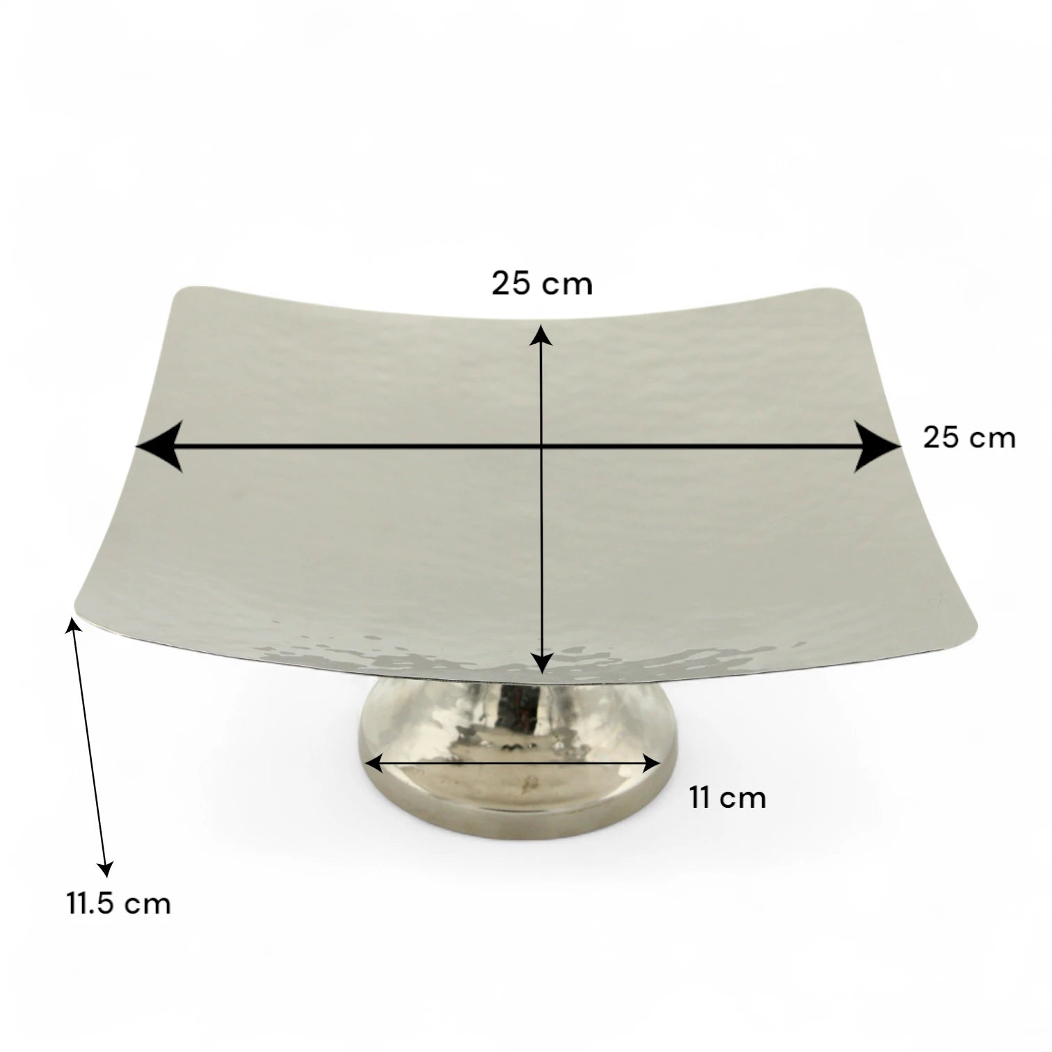 Damoo Modern Square Hammered Metal Cake Stand – Silver-Plated Raised Display Tray with Pedestal Base for Serving Desserts, Fruits & Sweets – Elegant Table Centerpiece for Events & Home Décor - Damoo