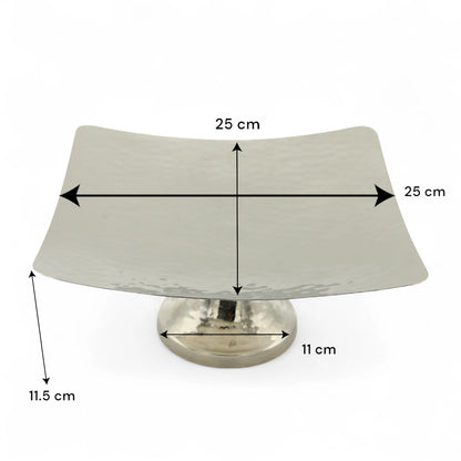 Damoo Modern Square Hammered Metal Cake Stand – Silver-Plated Raised Display Tray with Pedestal Base for Serving Desserts, Fruits & Sweets – Elegant Table Centerpiece for Events & Home Décor - Damoo