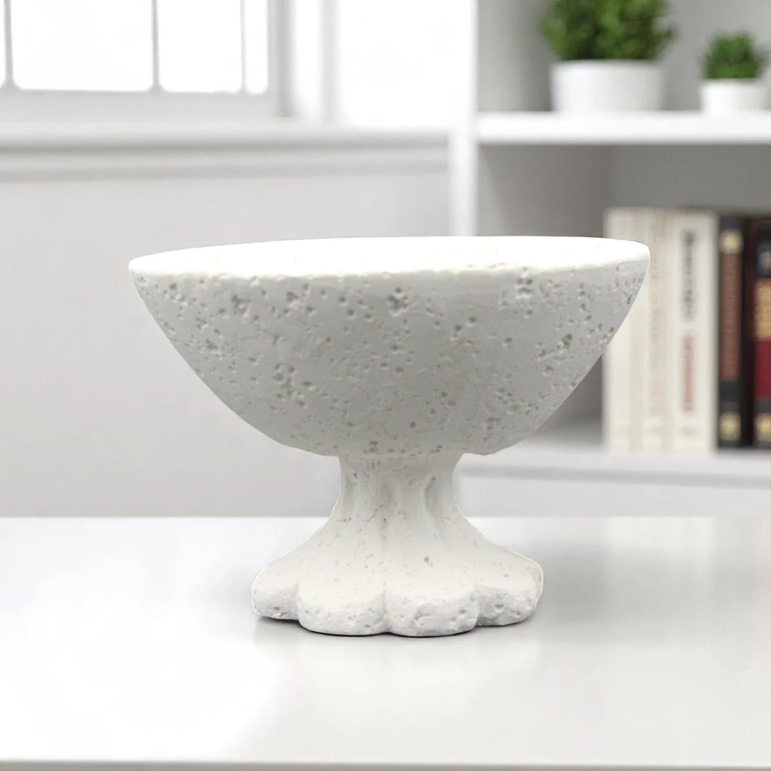 Damoo Modern Textured Stone Bowl with Sculpted Flower Base – Handcrafted White Concrete-Look Decorative Pedestal Dish for Minimalist & Artistic Home Decor - Damoo