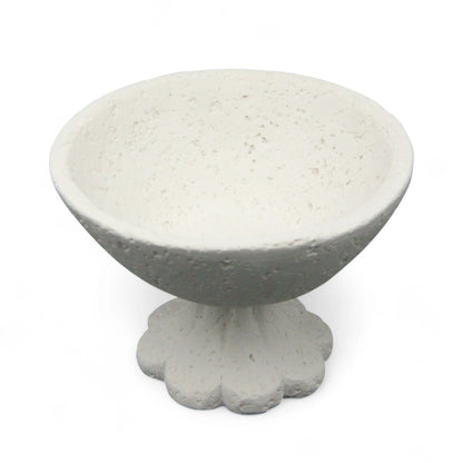 Damoo Modern Textured Stone Bowl with Sculpted Flower Base – Handcrafted White Concrete-Look Decorative Pedestal Dish for Minimalist & Artistic Home Decor - Damoo