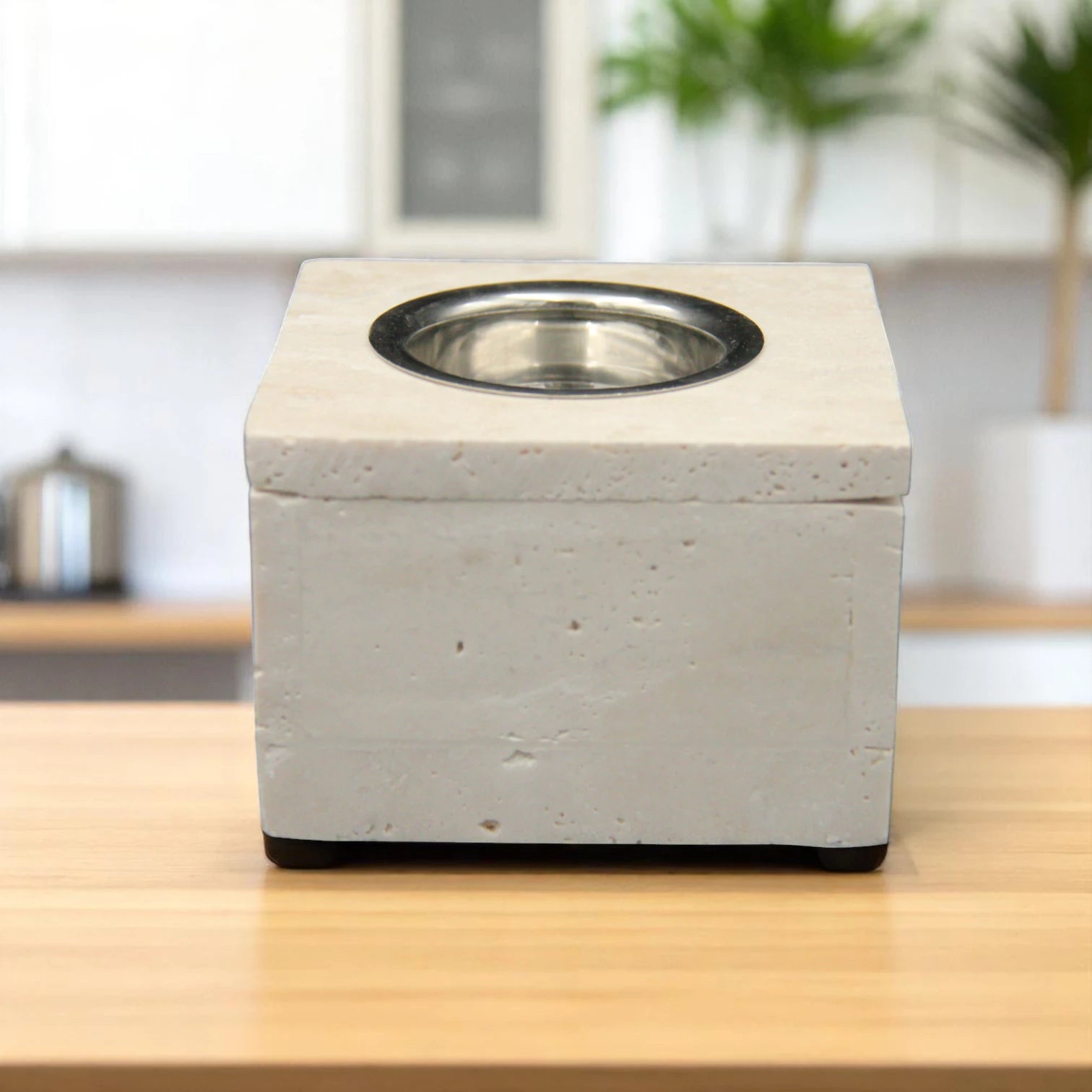 Damoo Modern Travertine Marble Incense Burner – Minimalist Cube with Stainless Steel Chamber for Bakhoor & Incense - Damoo